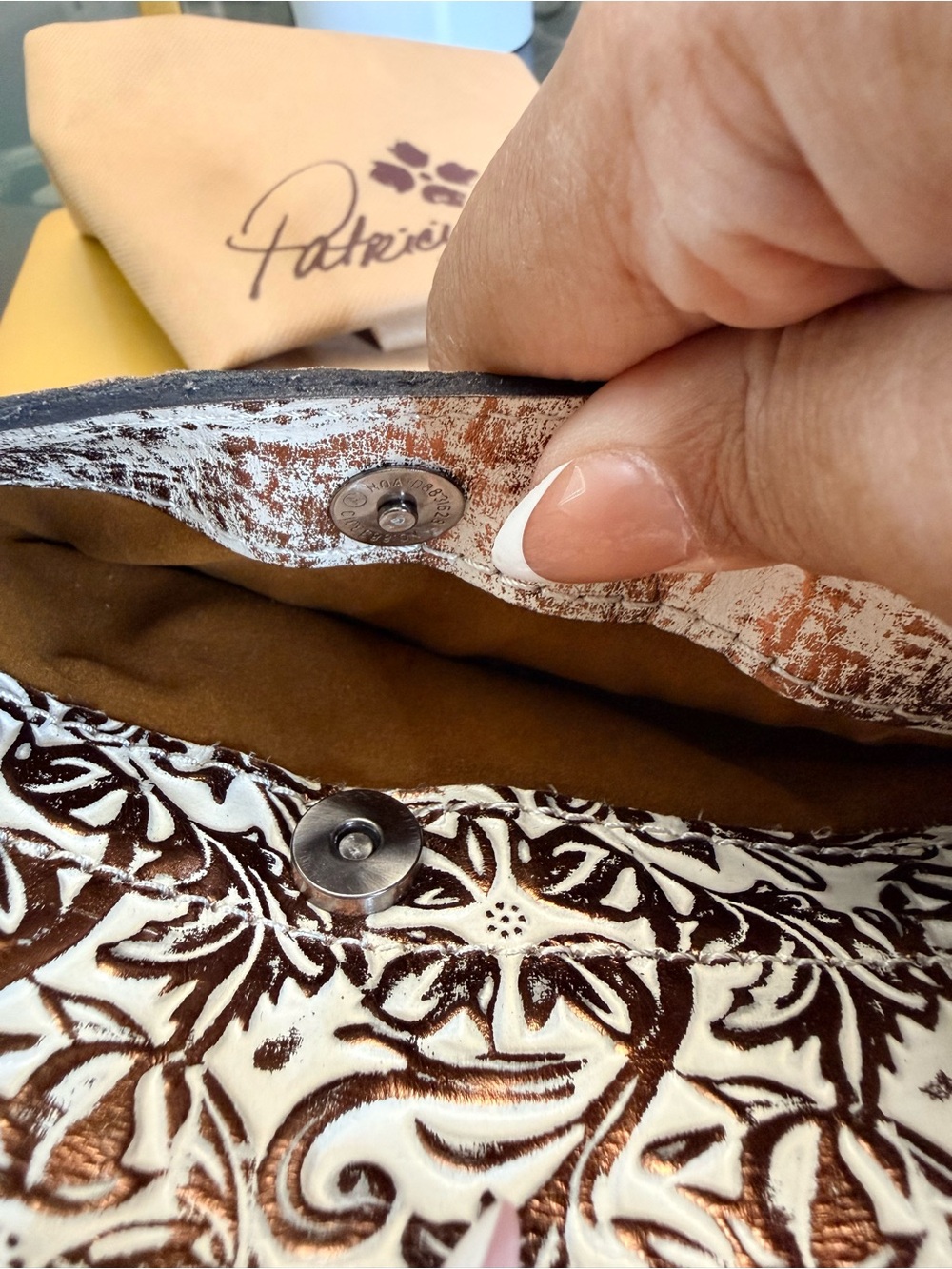 Patricia Nash Cream and Brown Floral Leather Crossbody with Tassel - Picture 7 of 7